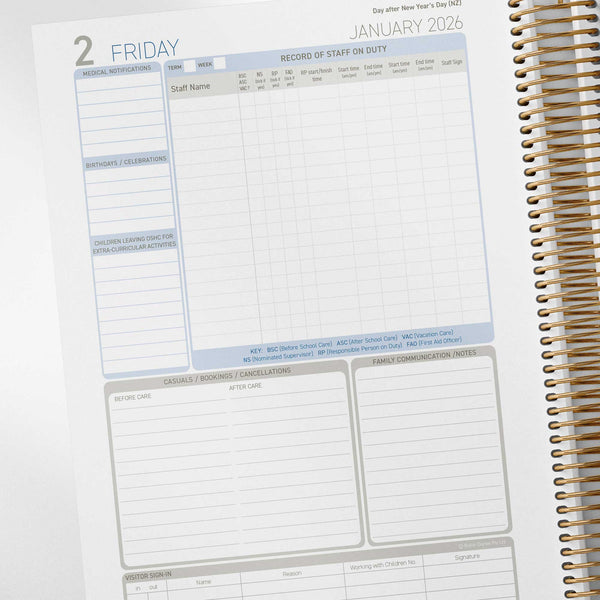Daily compliance pages inside the OSHC Diary with records of staff, child attendance management and notes, communication records, and visitor sign in