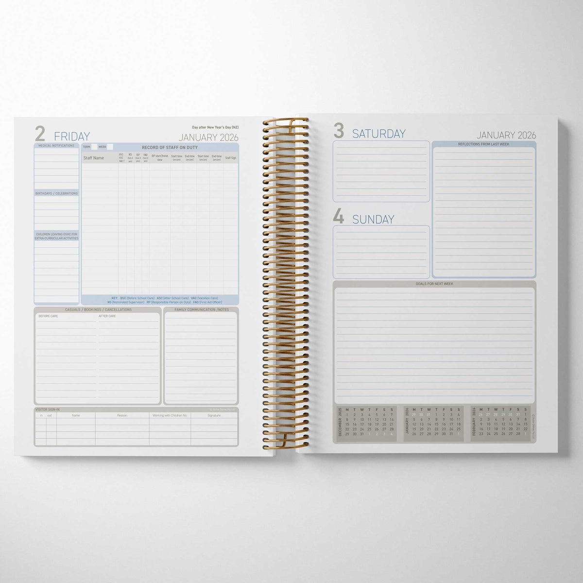 Open spread in the OSHC Diary showing daily compliance pages and weekend pages
