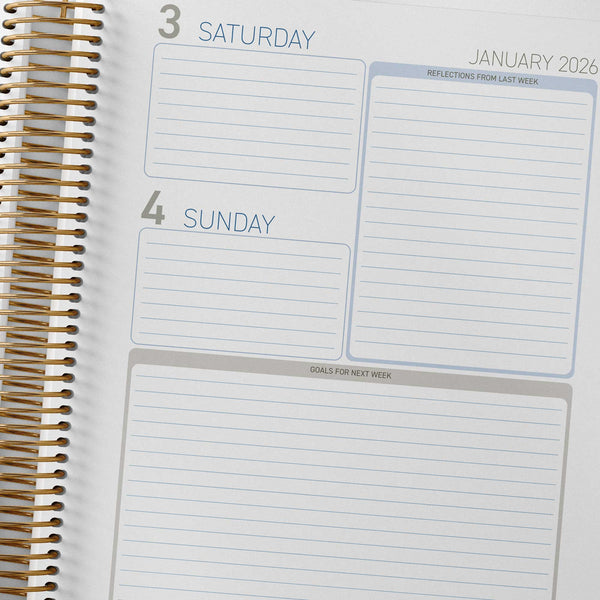 Weekend pages inside the OSHC Diary with reflections and goal prompts