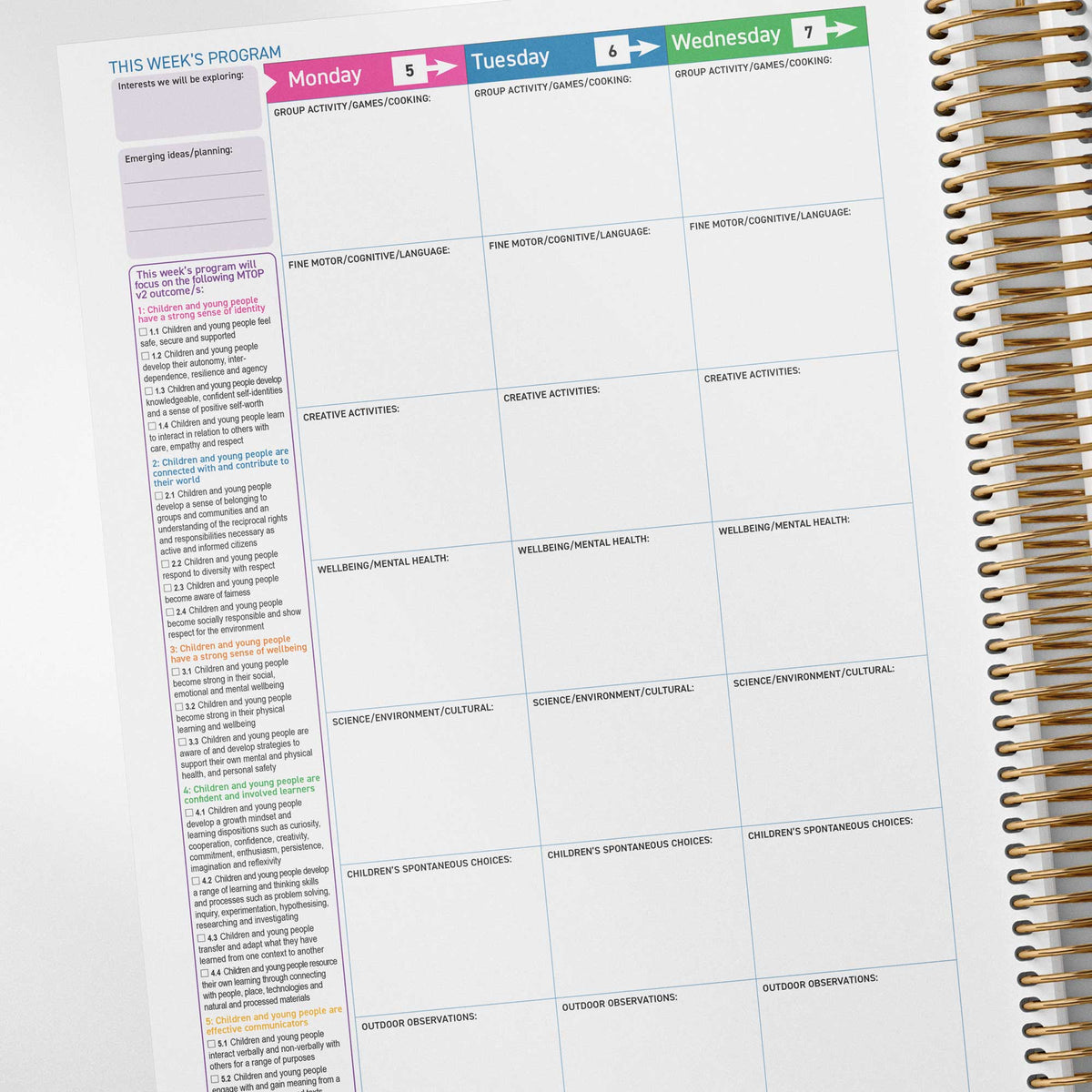 MTOP learning outcome checklist included in the programming spread of the OSHC Weekly Programming and Reflection Diary