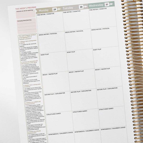 EYLF learning outcome checklist inside the Central Outdoor Weekly Programming and Reflection Diary Programming Spread