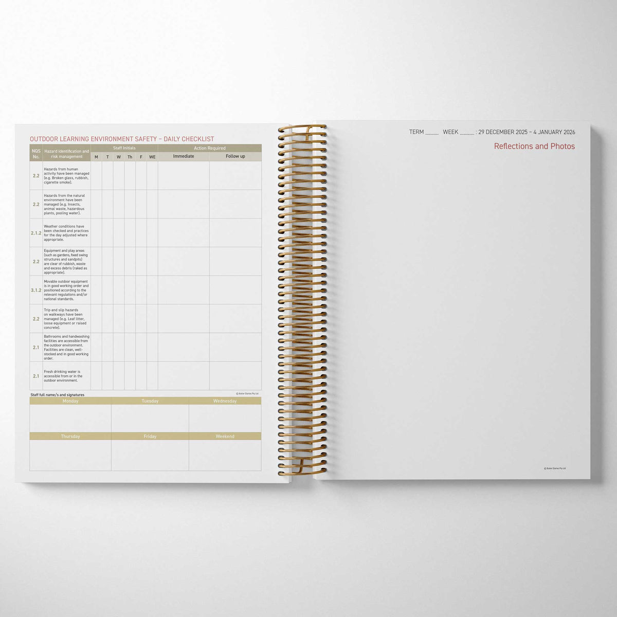 Inside the Central Outdoor Weekly Programming and Reflection Diary the EYLF Reflection Spread and Risk Assessment Checklist