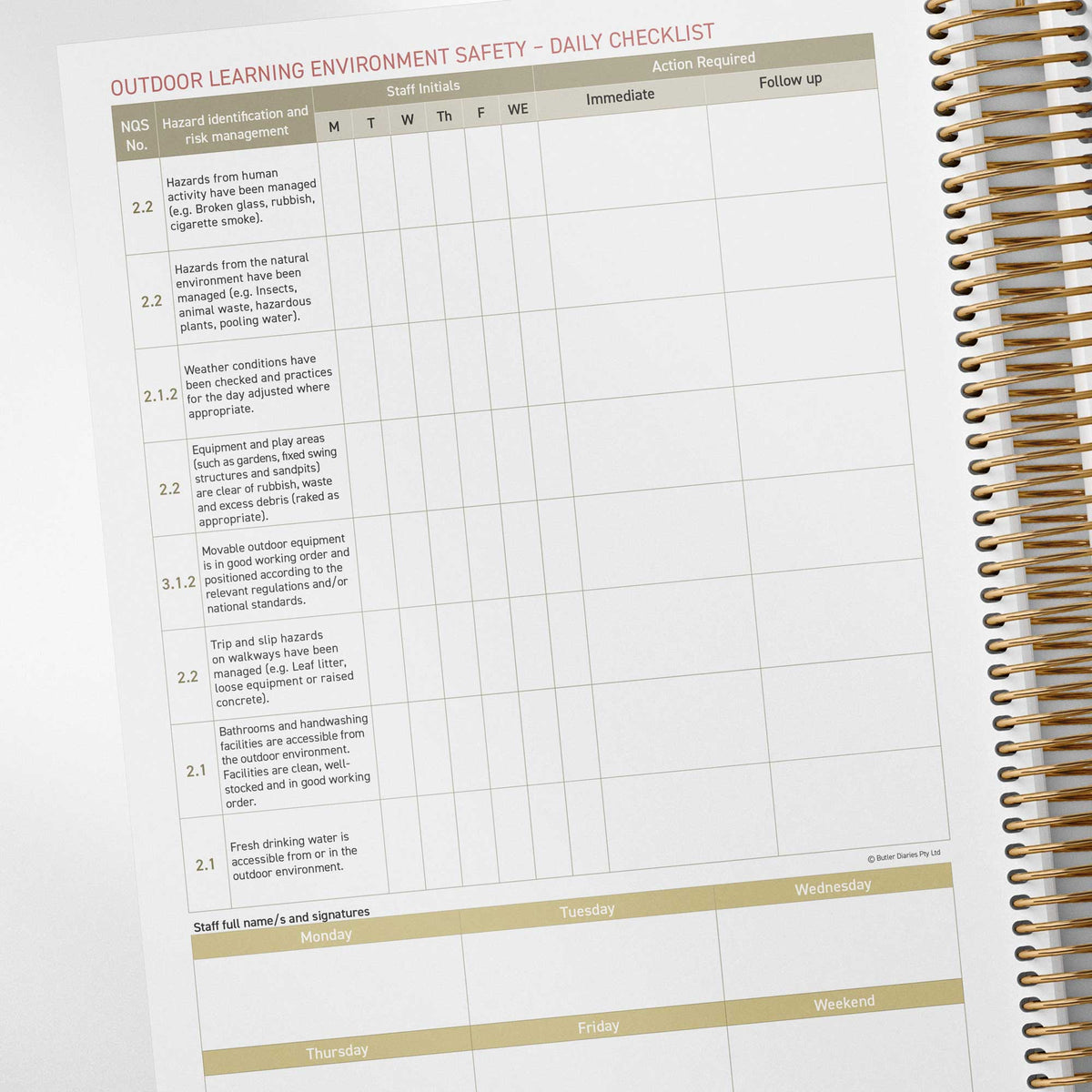 Outdoor learning environment safety daily checklist inside the Central Outdoor Weekly Programming and Reflection Diary