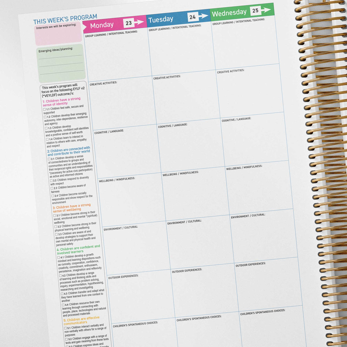 EYLF learning outcome checklist inside the Weekly Programming and Reflection Child Educator Diary - EYLF Programming Spread