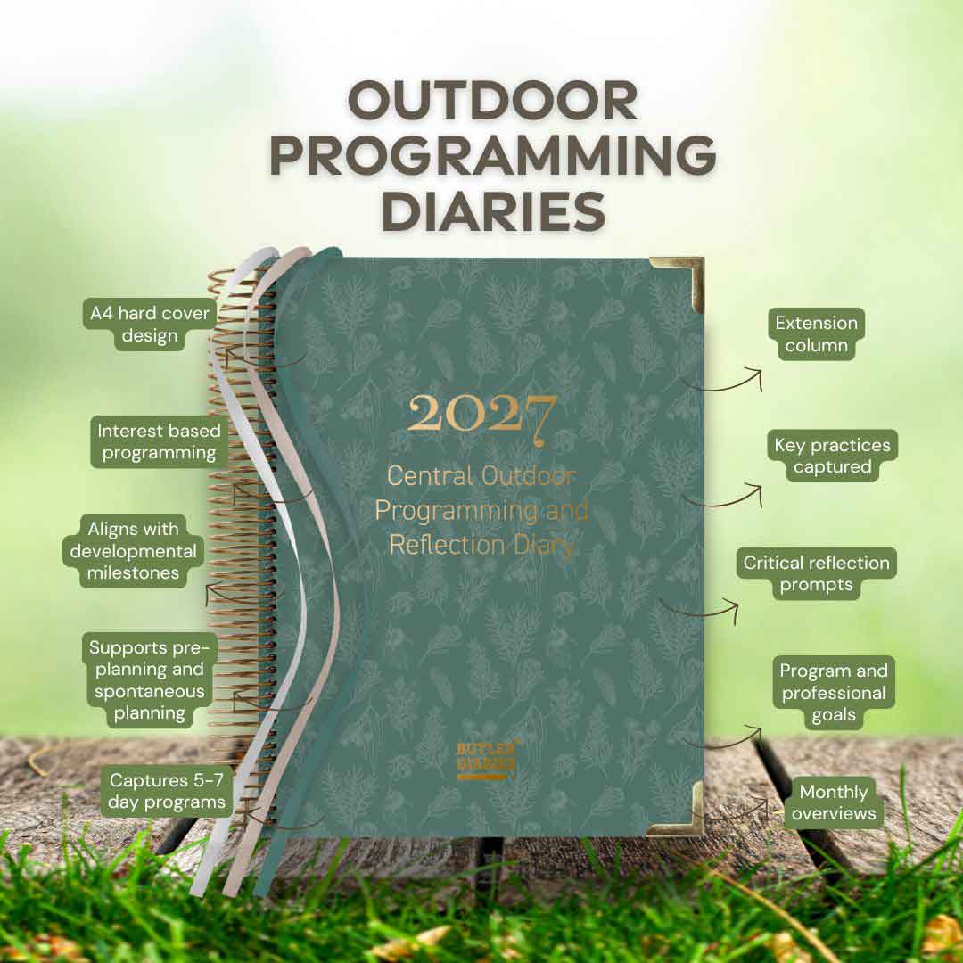 Green programming diary with text detailing features, set against a natural background.