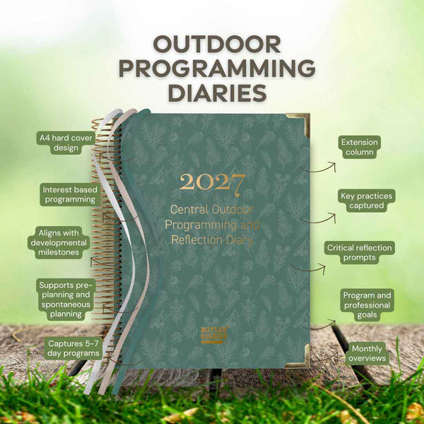 Green programming diary with text detailing features, set against a natural background.