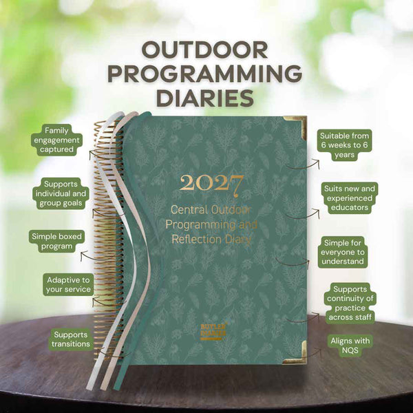 Green programming diary with text on a wooden surface and blurred greenery in the background