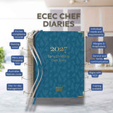 Blue cook diary titled '2027 Early Childhood Cook Diary' with features listed on a kitchen background.
