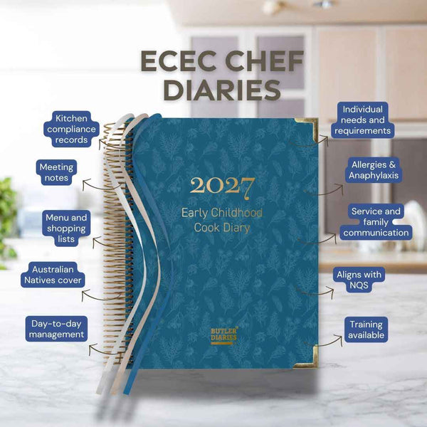 Blue cook diary titled '2027 Early Childhood Cook Diary' with features listed on a kitchen background.