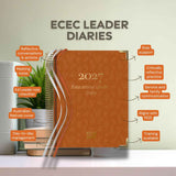Orange diary titled 'Educational Leader Diary 2027' with features listed on a light background