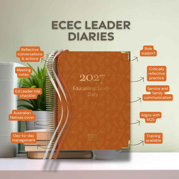 Orange diary titled 'Educational Leader Diary 2027' with features listed on a light background