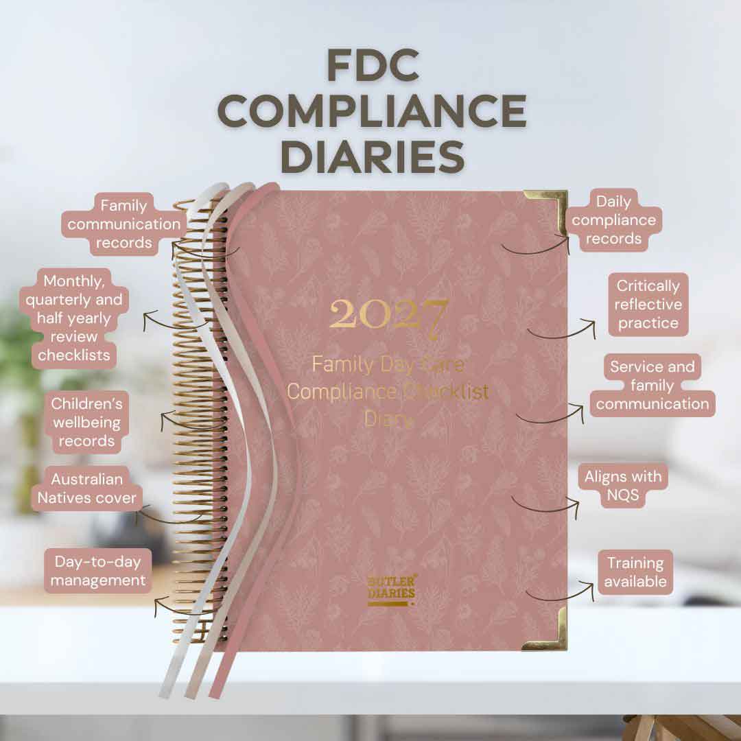Pink compliance diary with text highlighting features on a white background
