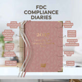 Pink compliance diary with text highlighting features on a white background