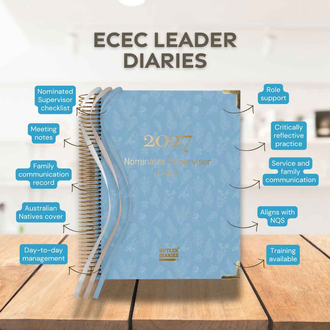Blue 2027 Nominated Supervisor Diary on a wooden surface with features listed.