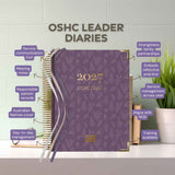 Purple OSHC Leader diary with features listed on a white background