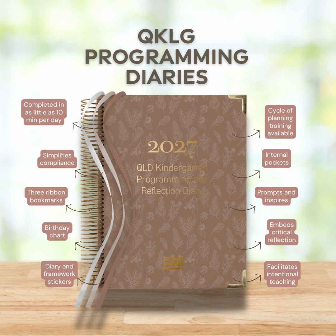 2027 QKLG Programming Diaries on a wooden surface with text highlighting features.