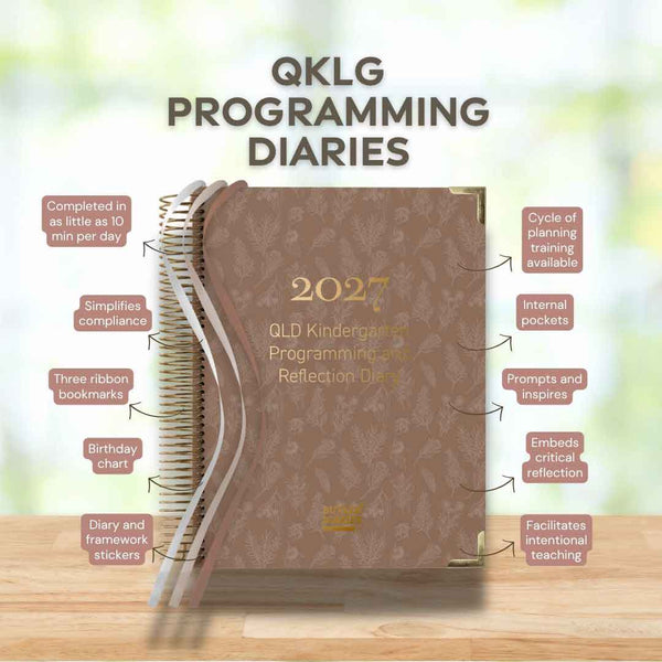 2027 QKLG Programming Diaries on a wooden surface with text highlighting features.