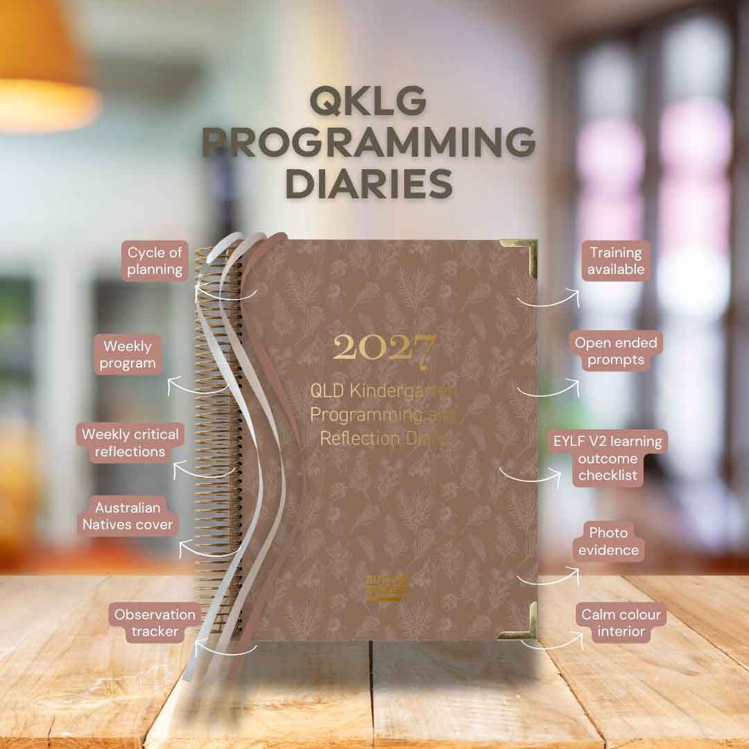 2027 QLKG Programming Diaries on a wooden surface with text highlighting features.