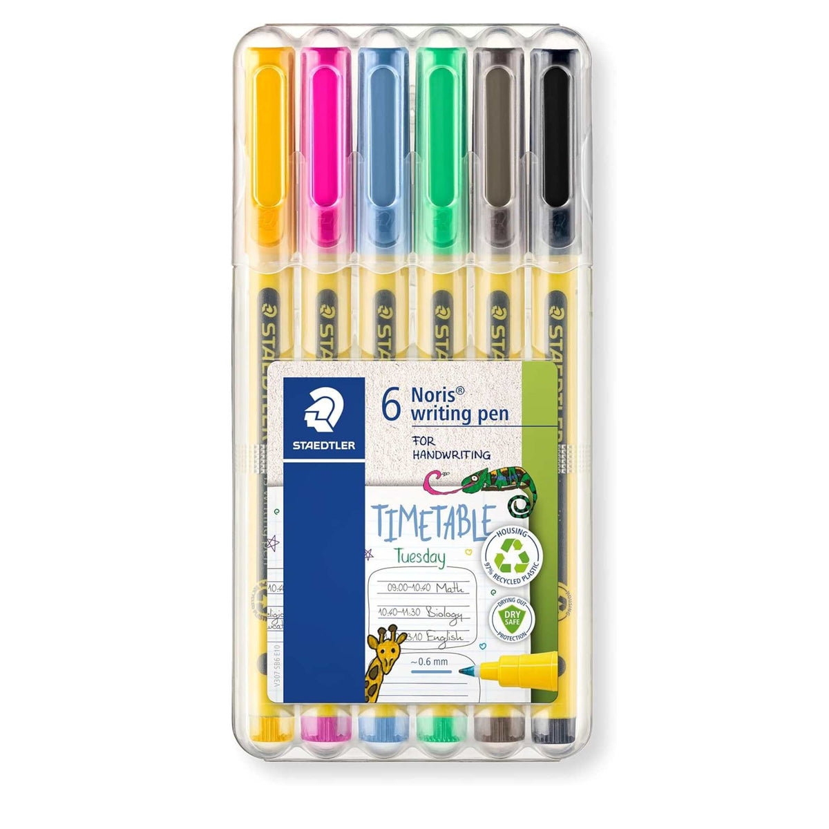 Staedtler 307 Noris Writing Pen – Pack of 6 Assorted Colours (0.6mm Fineliner)