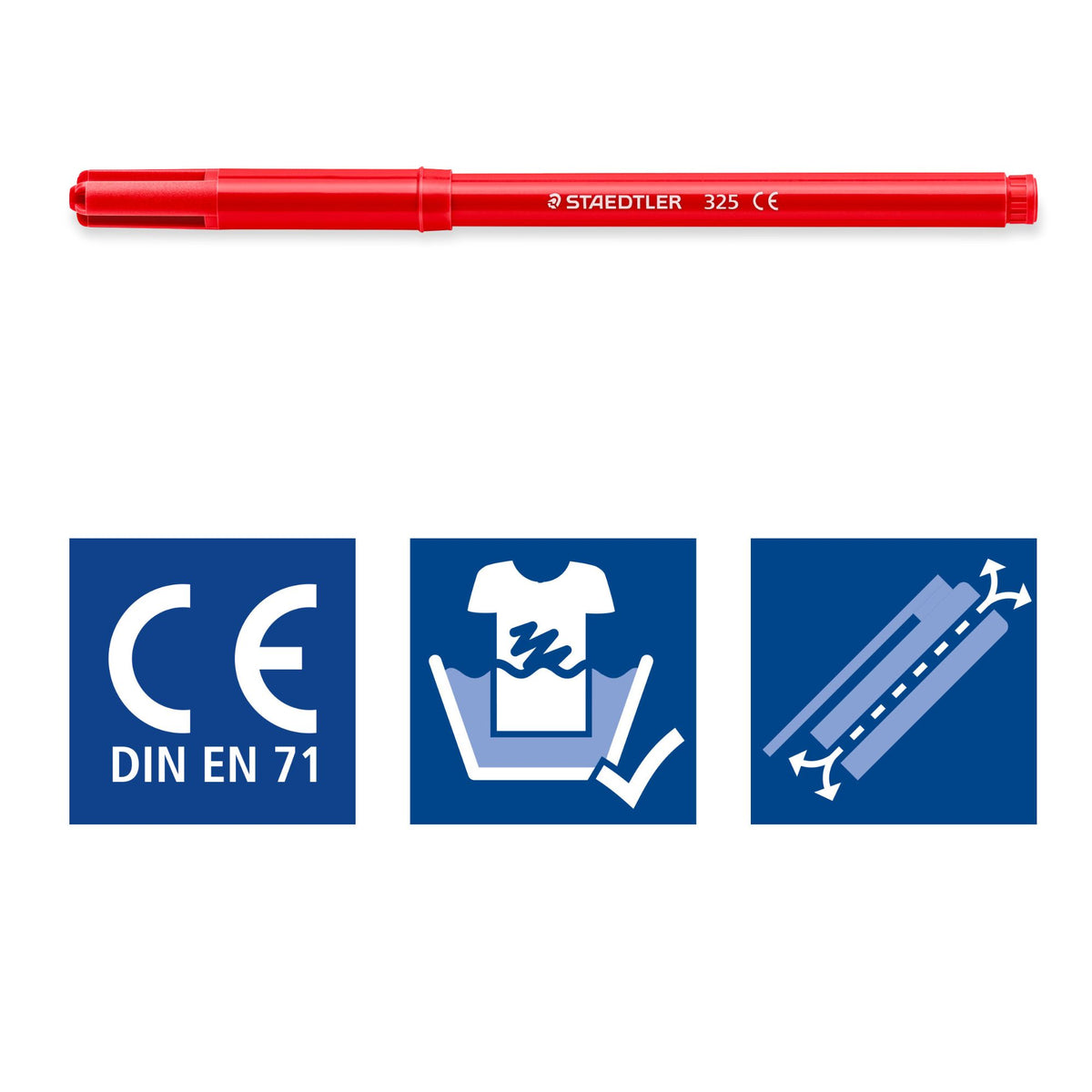 Red Staedtler marker with certification and care instructions icons on a white background