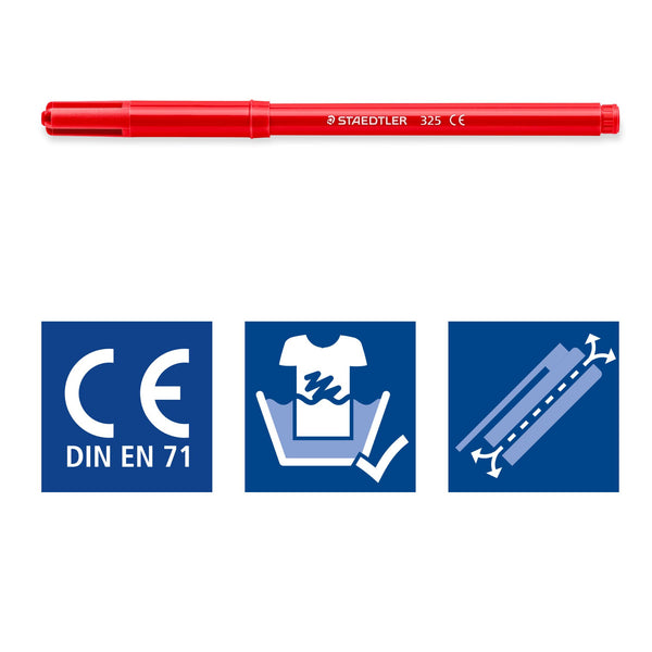 Red Staedtler marker with certification and care instructions icons on a white background