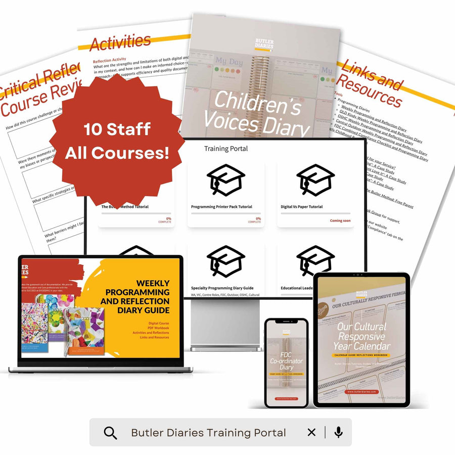 Collection of educational materials and digital resources for staff training on a white background.