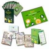 Educational materials and resources on sustainability with a green calendar and books.