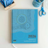 Blue spiral-bound diary labeled '2026 Nominated Supervisor Diary' on a white surface with stationery items.