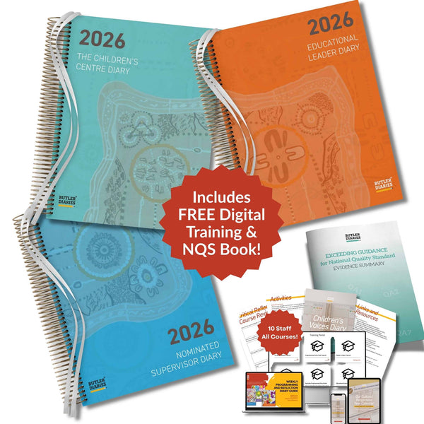 Three diaries from 2026 with promotional text about digital training and NQS book.