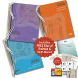 Three spiral-bound diaries in purple, orange, and blue with promotional text about free digital training and NQS book.