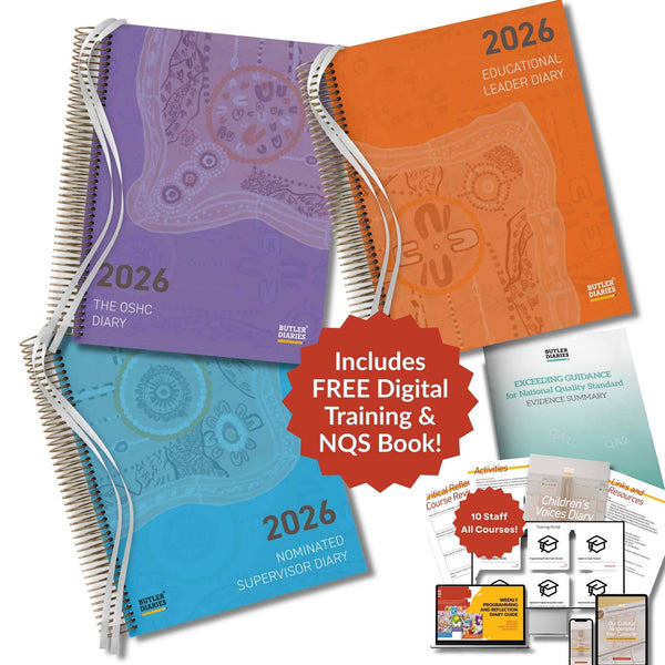 Three spiral-bound diaries in purple, orange, and blue with promotional text about free digital training and NQS book.
