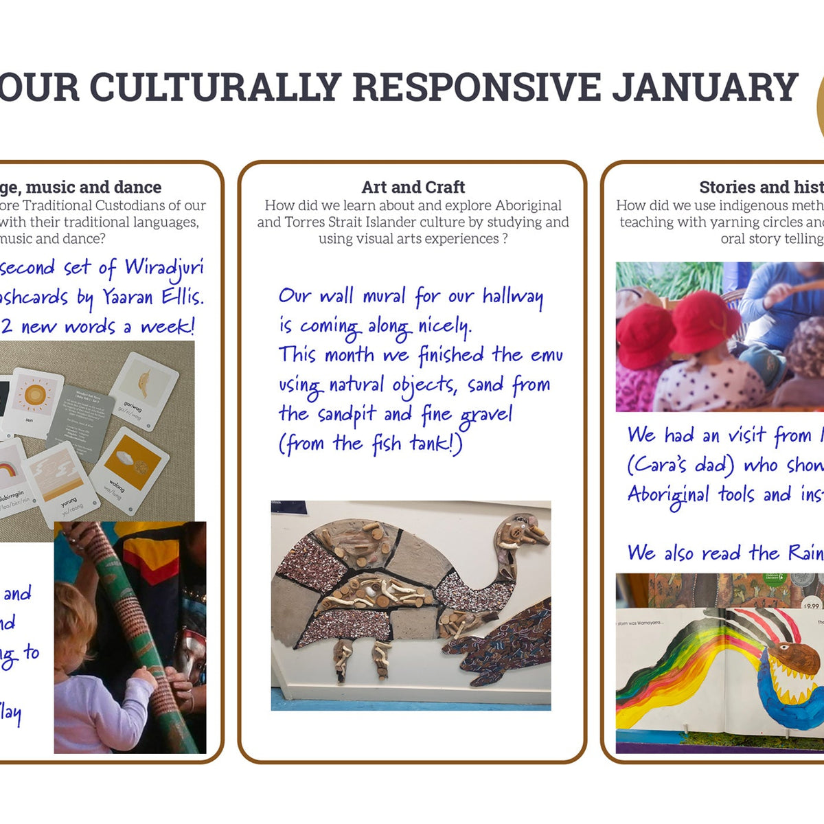 An example of a completed Culturally Responsive Wall Calendar spread focusing on 'language, music and dance', 'art and craft' and 'stories and history' prompt boxes