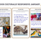 An example of a completed Culturally Responsive Wall Calendar spread focusing on 'language, music and dance', 'art and craft' and 'stories and history' prompt boxes
