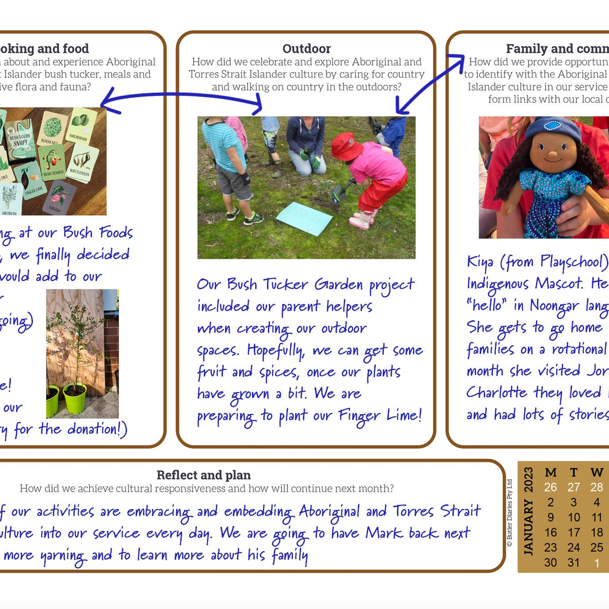 An example of a completed Culturally Responsive Wall Calendar spread focusing on 'cooking and food', 'outdoor', 'family and community' and 'reflect and plan' prompt boxes