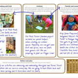 An example of a completed Culturally Responsive Wall Calendar spread focusing on 'cooking and food', 'outdoor', 'family and community' and 'reflect and plan' prompt boxes