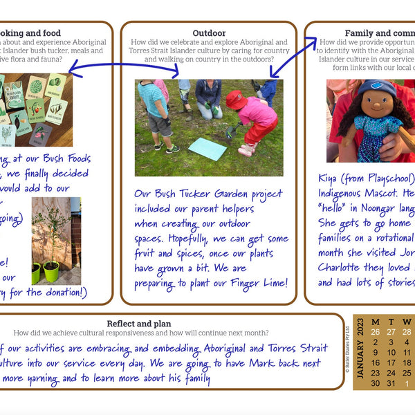 An example of a completed Culturally Responsive Wall Calendar spread focusing on 'cooking and food', 'outdoor', 'family and community' and 'reflect and plan' prompt boxes