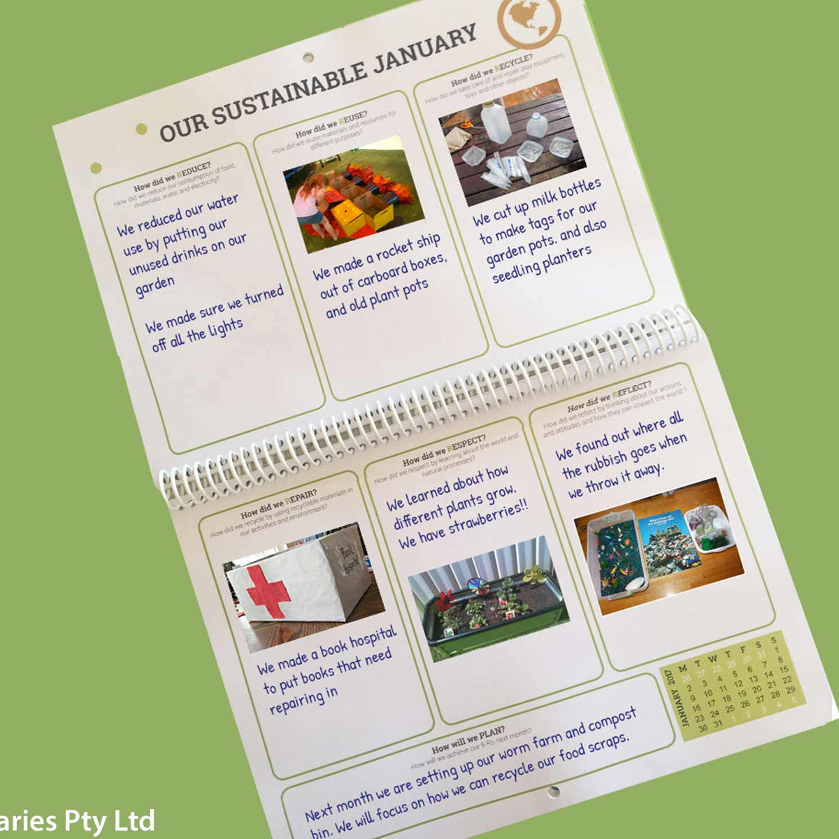 An example of a completed month in the Sustainable Year Wall Calendar