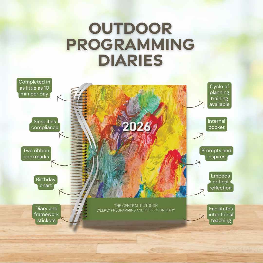 2026 outdoor programming diaries with colorful cover on a wooden surface
