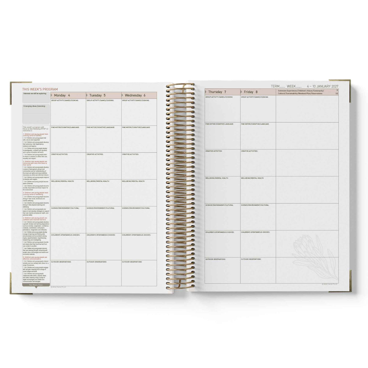 Open planner showing weekly and daily schedules on white background