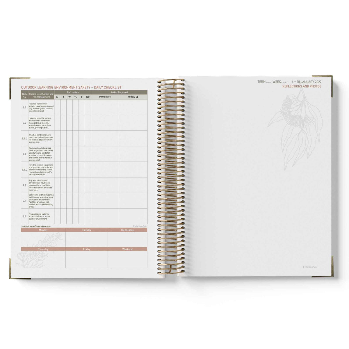 Open planner with a safety checklist on a white background