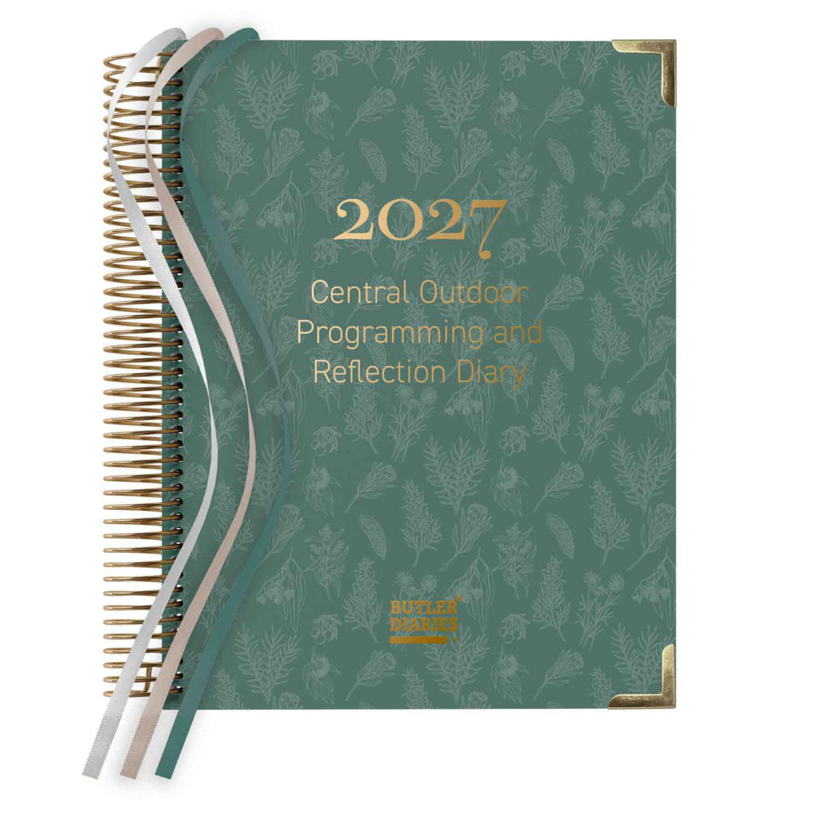 Green notebook with floral pattern and '2027' text on a white background