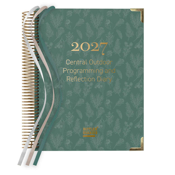 Green notebook with floral pattern and '2027' text on a white background