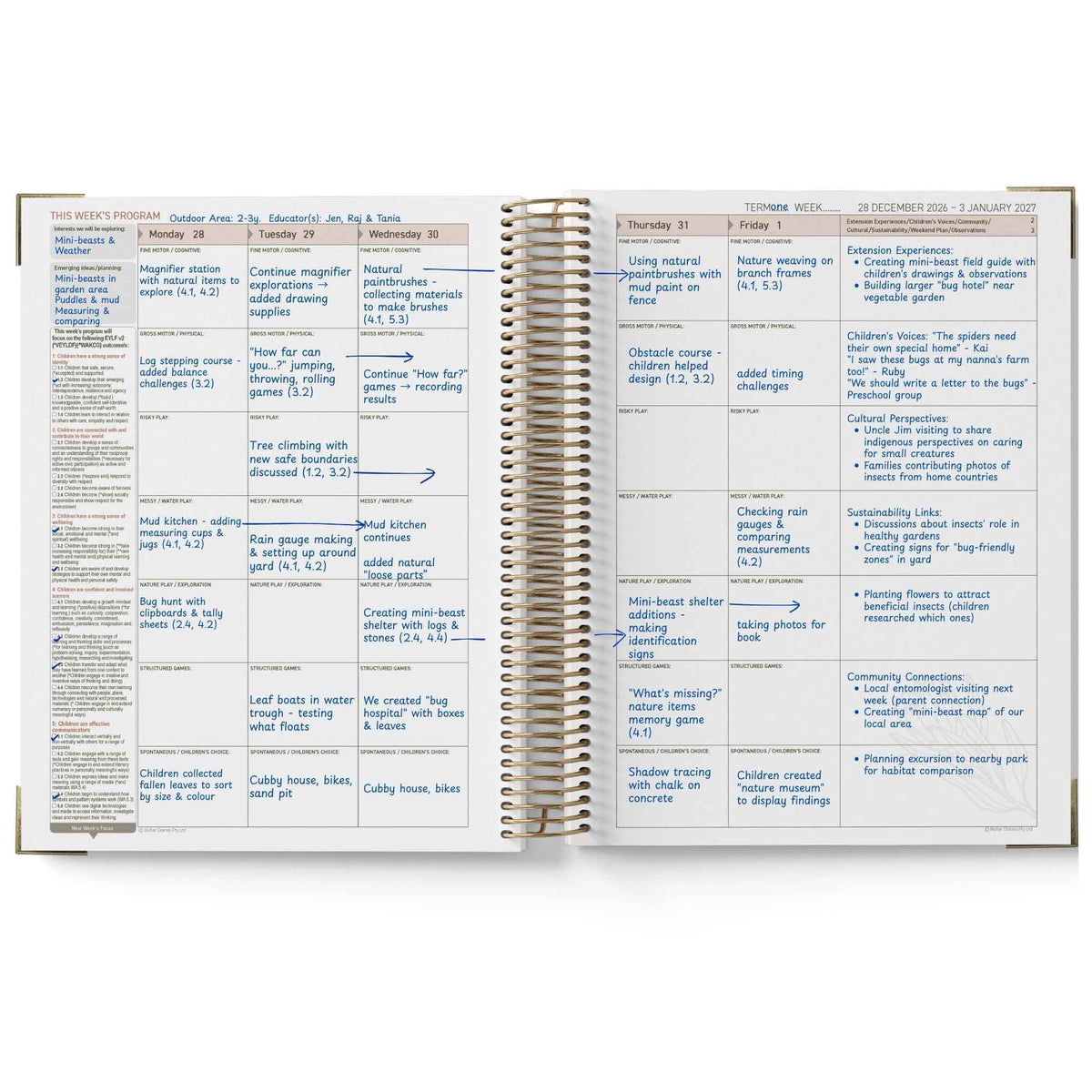 Open planner with daily schedule and notes on a white background