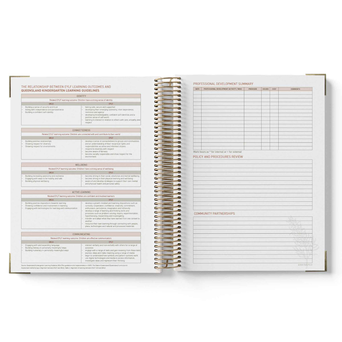 Open spiral-bound notebook with printed pages on a white background