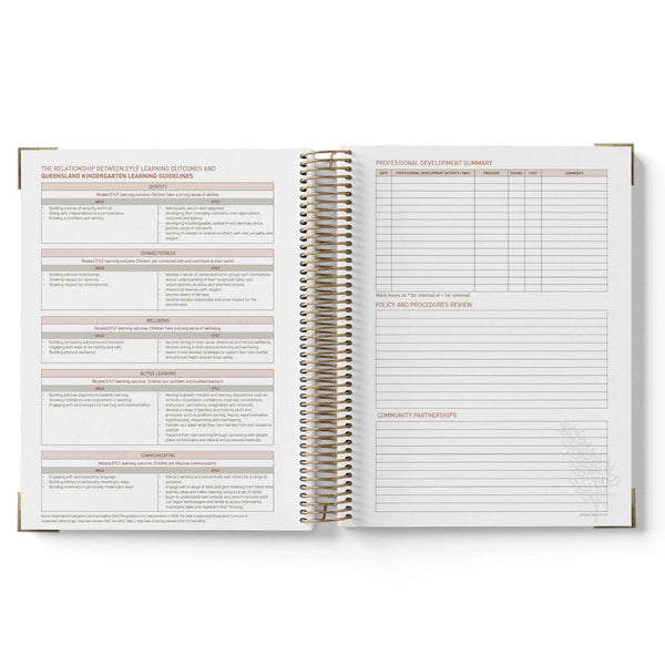 Open spiral-bound notebook with printed pages on a white background