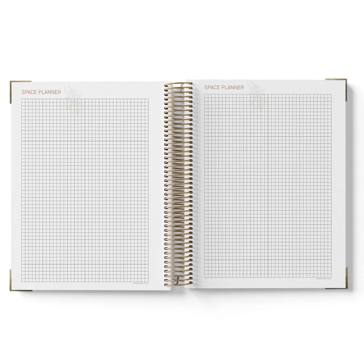 Open spiral-bound planner with grid pages on a white background