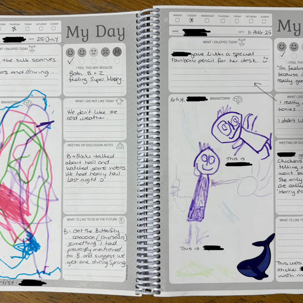 An example of a younger child reflecting in the children's voices diary and the educator supporting them to share their ideas by writing narrating and capturing their verbal communication