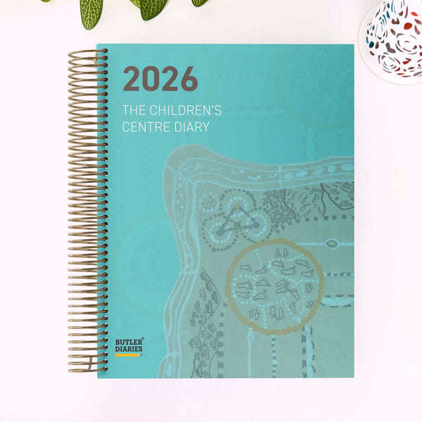 Children's Centre Diary with Journey by Learning First Nations Artwork Cover sitting on an ECEC office desk