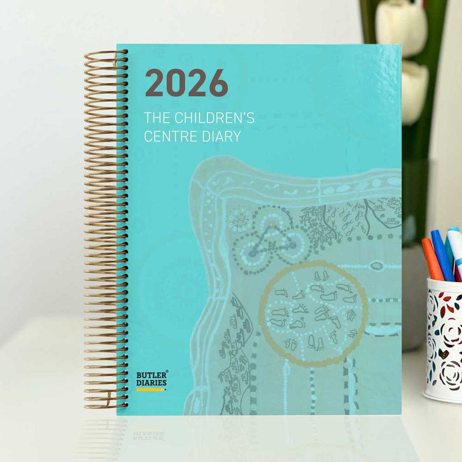 Teal diary with '2026 The Children's Centre Diary' on a white surface