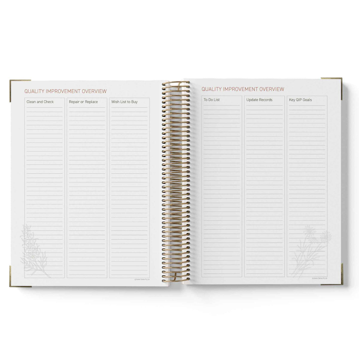 Open spiral-bound 2027 Children's Centre Diary showing a quality improvement overview section on white background